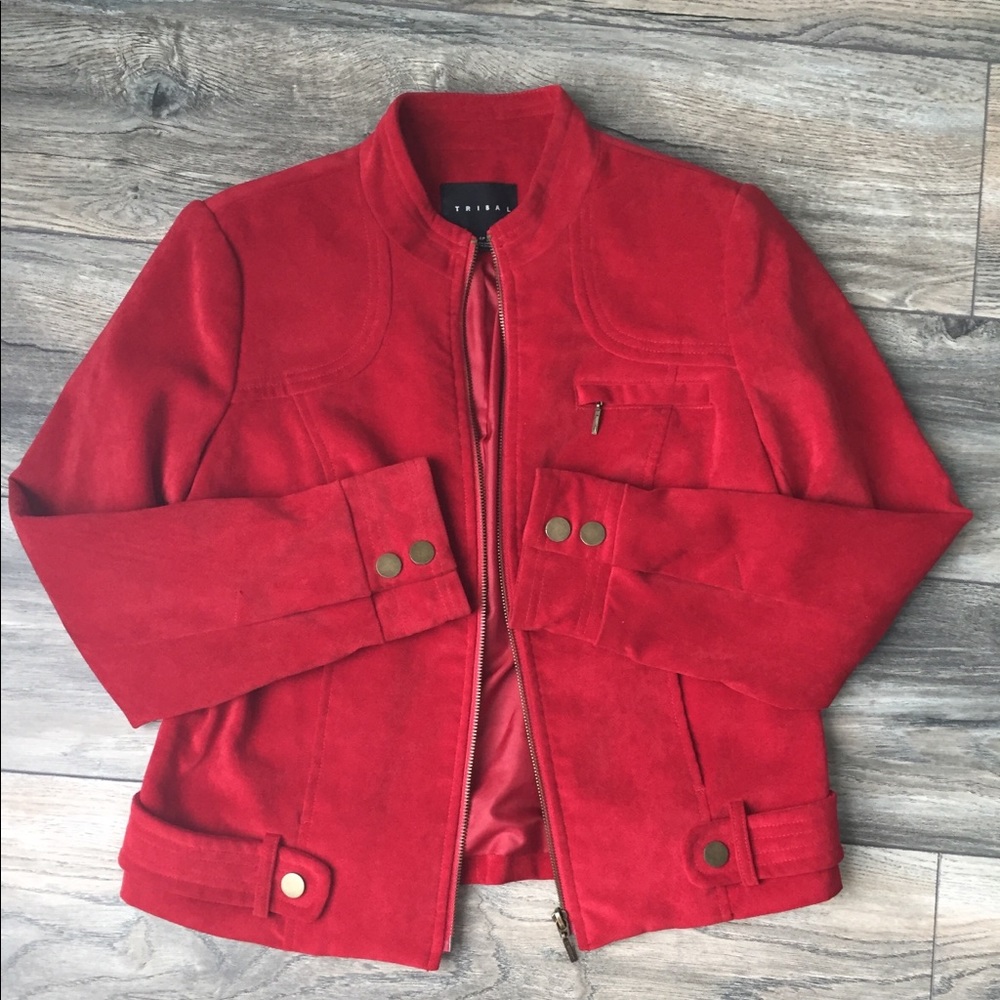 Tribal Red Textured Moto Jacket Blazer Sz 4P